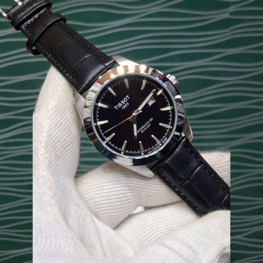 Tissot Powermatic 80 Silicium Inspired Men's Watch - Black Dial with Silver Case & Black Leather Strap